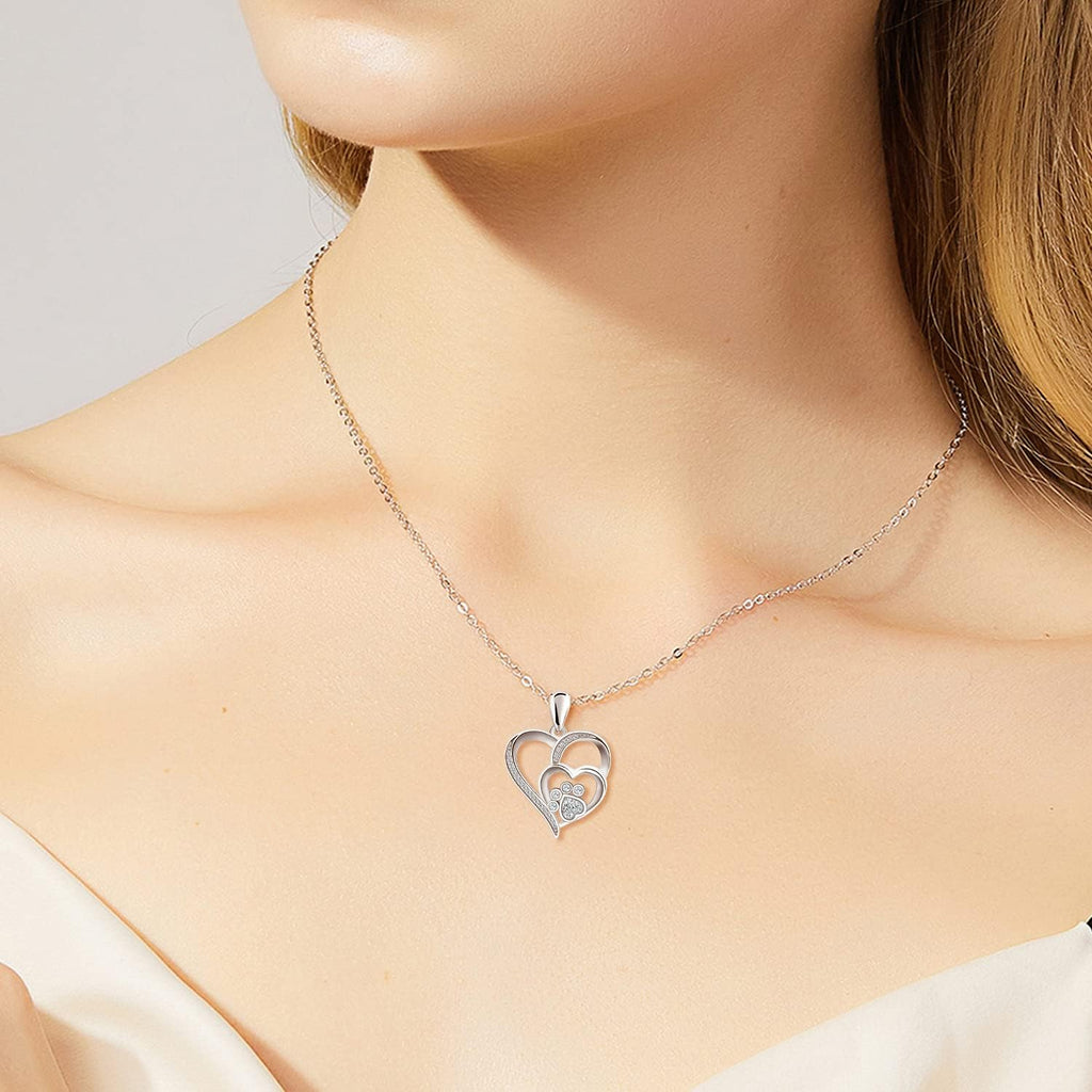 Sterling Silver Paw & Heart Necklace with Zirconia